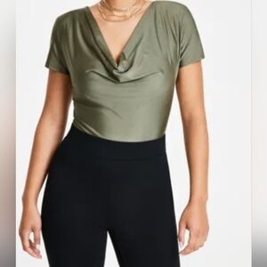 Bar III Olive Green Cowl Neck Short Sleeve Bodysuit Size M NWOT